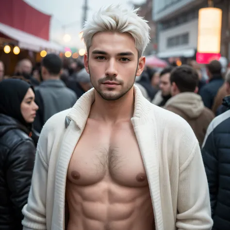 Men, chest, ultra detail, portrait, white short hair, winter, festival