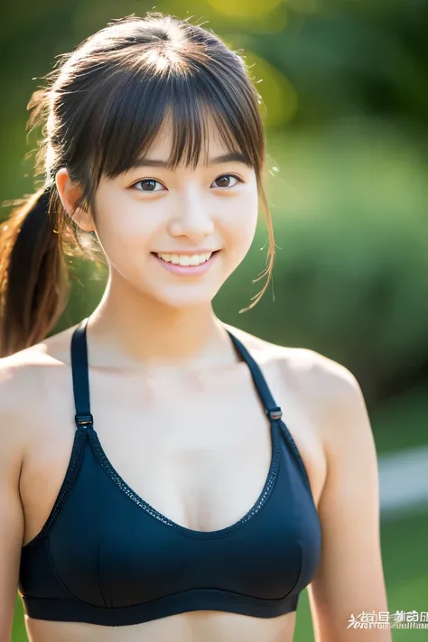 (The body is facing the viewer), (the body is facing the front), Lens 135mm f1.8, (highest quality),(RAW photo), , (Beautiful 16 year old Japanese girl), cute face, (deeply carved face:0.7), (freckles:0.6), ,dramatic , (japanese school (croptop) black spor...