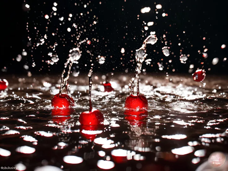 Real photography of 3 cherries falling into water and splashing with water droplets. Commercial advertising style, macro shot, background, warm lighting, cool colors creating splash effect. The cherry is dotted with white light spots, and the cherry falls ...