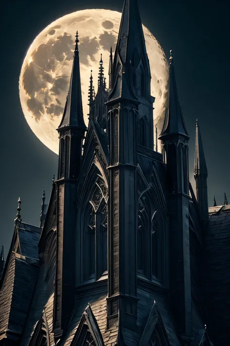 Gothic rooftop at night, close-up, full moon, clear sky, upward view, masterpiece