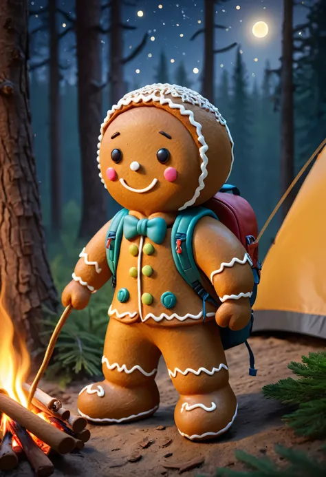 a cute gingerbread person,outdoors camping,detailed texture of gingerbread,woods background,warm lighting,adventurous pose,backpack,camping gear,campfire,starry night sky,detailed foliage,golden hour lighting,soft focus,muted colors,cinematic,concept art,m...