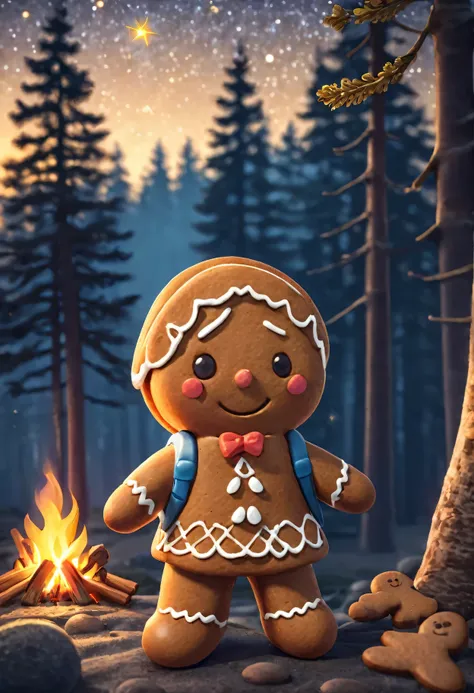 a cute gingerbread person,outdoors camping,detailed texture of gingerbread,woods background,warm lighting,adventurous pose,backpack,camping gear,campfire,starry night sky,detailed foliage,golden hour lighting,soft focus,muted colors,cinematic,concept art,m...