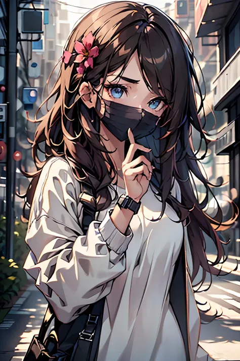 a beautiful girl with long brown hair, blue eyes, no bangs, wearing a white t-shirt with flowers and black sweatpants, with a watch on her right hand, blue mask over the face, (best quality,4k,8k,highres,masterpiece:1.2),ultra-detailed,(realistic,photoreal...