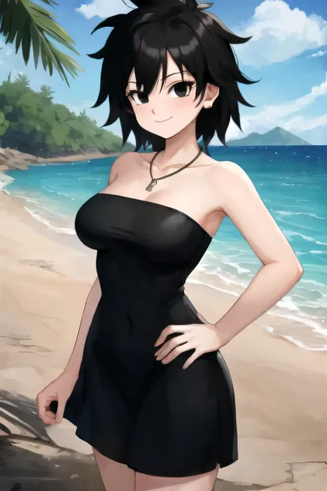 gine, 1girl, sunlight, solo, closed, blue sky, black hair, black eyes, islands, bare shoulders, medium breast, collarbone, cowbo...