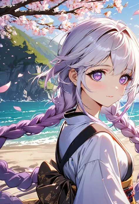 a girl, yinji, purple hair, purple eyes, long hair, white hair, double braids, gradient hair , seaside,landscape,landscape,cherr...