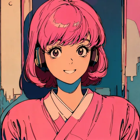 master piece, City Pop style, Pink Hair, Japanese, fluffy bob cut, wearing kimono, shoulder length, alone, Futuristic, yet, lofi, retro, vintage light smile