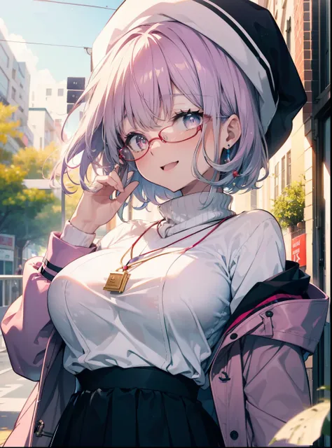 akaneshinjou, shinjou akane, Light purple hair, (Pink Eyes:1.2), short hair,Akagi glasses,hair band,Rocket Pendant,White Breath,Big Breasts,Purple Coat,White Sweater,happy smile, smile, Open your mouth,Black long skirt,Red muffler,Knitted hat,put one&#39;s...