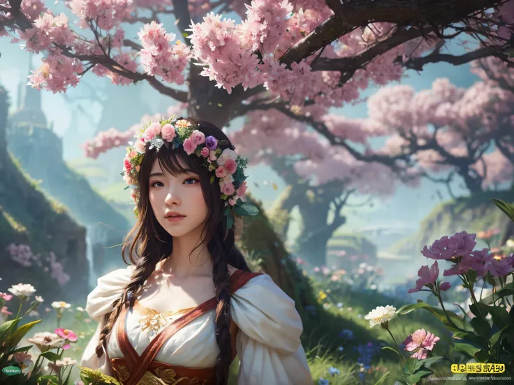 beautiful fantasy world with flowers, dreaming, hyper realistic, trending in Artstation, (hmongcostume)