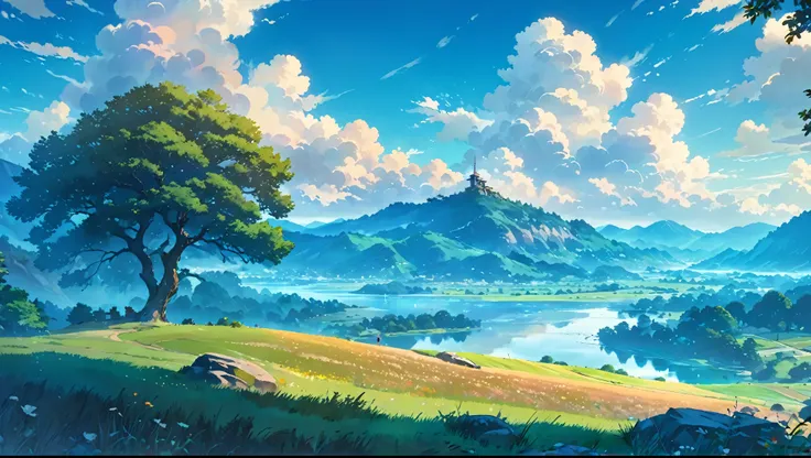 Anime scenery with a tree and a lake in the middle, Anime countryside landscape, Anime scenery, Ross Tran. Landscape Background, Detailed Landscape — Width 672, Sylvain Salaira, Studio Greeble Makoto Shinkai, Scenery of Studio Ghibli, Anime scenery wallpap...