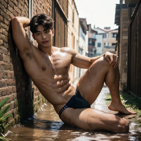 Outdoor, FULL BODY, SEE THROUGH THONG, BROWN THONG, MUD, MUD COVERING ALL OVER THE BODY, Showing off his very hairy armpits, Slim fit, very cute kids face, 17 years old boy, baby face, young kids, Very young teenager boy, Amazing dirty muddy Alley scenery,...