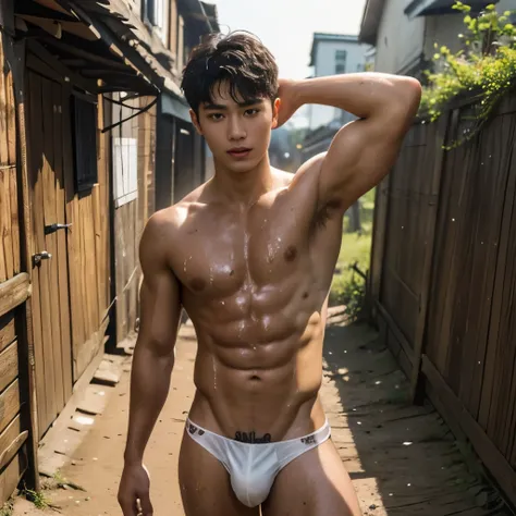 Outdoor, FULL BODY, SEE THROUGH THONG, BROWN THONG, MUD, MUD COVERING ALL OVER THE BODY, Showing off his very hairy armpits, Slim fit, very cute kids face, 17 years old boy, baby face, young kids, Very young teenager boy, Amazing dirty muddy Alley scenery,...