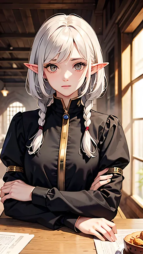 best quality, masterpiece,white hair, Elf, gold eyes,black clothes, shy, upper body,hair strand,Fair skin,side braids.