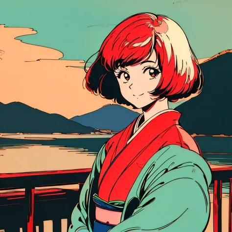 master piece, Kyoto style, Red Hair, Japanese, fluffy bob cut, wearing kimono, shoulder length, alone, Futuristic, yet, lofi, retro, vintage, Ghost, light smile