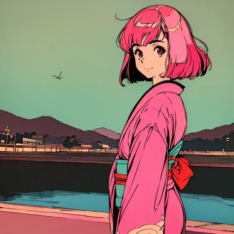 master piece, Kyoto style, Pink Hair, Japanese, fluffy bob cut, wearing kimono, shoulder length, alone, Futuristic, yet, lofi, retro, vintage, Ghost, light smile