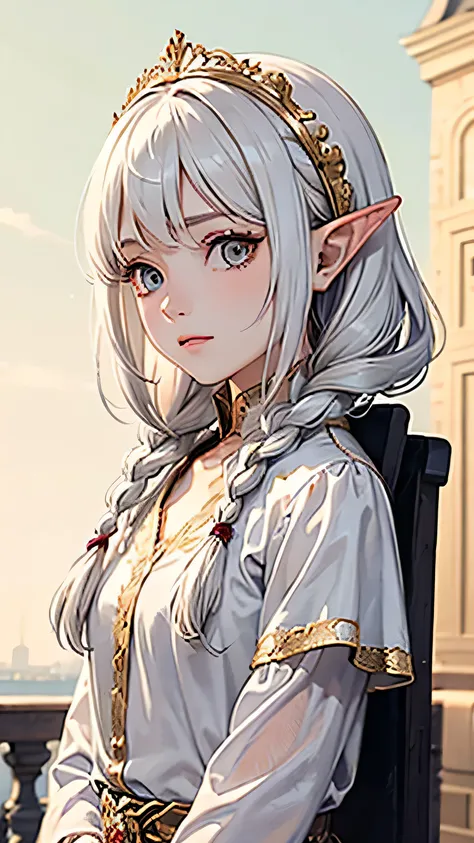 best quality, masterpiece,white hair, Elf, gold eyes,white clothes, shy, upper body,hair strand,Fair skin,side braids.