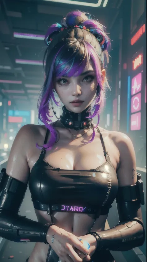 ((best quality)), ((masterpiece)), (highly detailed:1.3), 3d, beautiful (cyberpunk:1.3) hacker woman with colored hair, black cl...