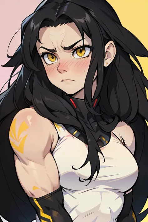 (messy hair extremely long hair black hair yellow eyes pale skin (muscular girl thick girl)) sad frown blush