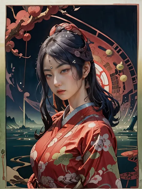 (UKIYOE:1.9)、woodblock print、woodblock print、otherscape、SF、Space Opera、Beautiful woman、Purple clouds gather、Detailed face、Beautiful Eyes、Elegant garments、Intricate floral pattern、Delicate skin、Natural light、A calming color palette、Soft Focuasterpiece、skimp...