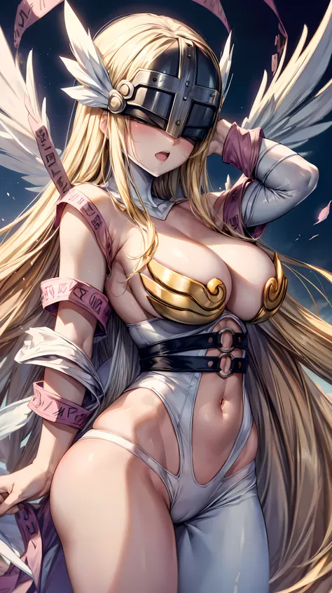 Very detailed、highest quality、Best image quality、masterpiece、8k、Angewomon、Anime Face、Winged Helmet、(Covered Eyes:1.3)、Open Mouth、(Blonde long hair)、(SFW Giant)、Cowboy Shot、(Big Breasts:1.2)