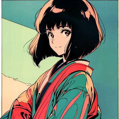 master piece, Kyoto style, Black Hair, Japanese, single person, fluffy bob cut, wearing kimono, shoulder length, alone, Futuristic, yet, lofi, retro, vintage, light smile