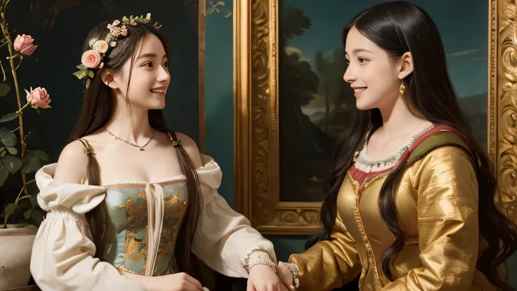 Giorgione painting style,Arguments of two female Philosophe,math、astronomical machine、astronaut、roses in vase、fruits、Cute trinkets、smile、ancient greek costume、Background is a forest lake at night 、Clothes that stretch your shoulders、A big smile、beautiful b...