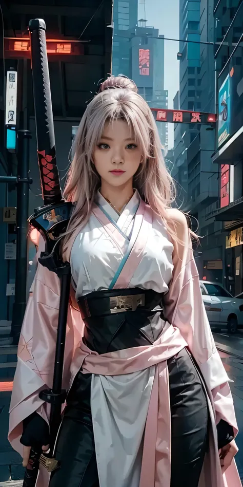 arafed woman in a pink kimono with a sword in a city, very beautiful cyberpunk samurai, anime girl cosplay, anime cosplay, anime...