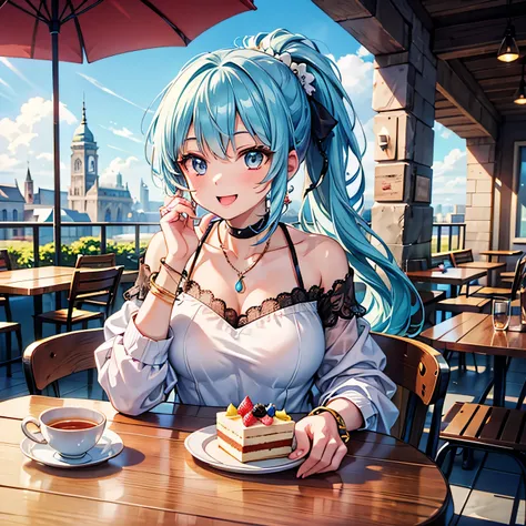 Anime Moe Art Style,highest quality,High resolution,Anatomically correct,One Girl,Mid-teens,Girl with light blue hair in a ponytail,Very detailed,Fantasy-style world,Off-the-shoulder tops,mini skirt,Big Breasts,Laughing with your mouth open,Bright smile,Ri...