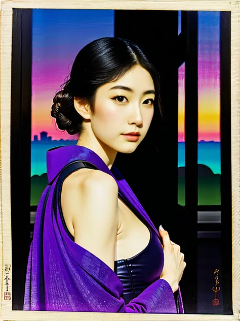 ukiyo-e:1.9、utamaro、woodblock print、woodblock print、otherscape、sf、beautiful woman、space opera、skimpy leather costume、spaceship、p...