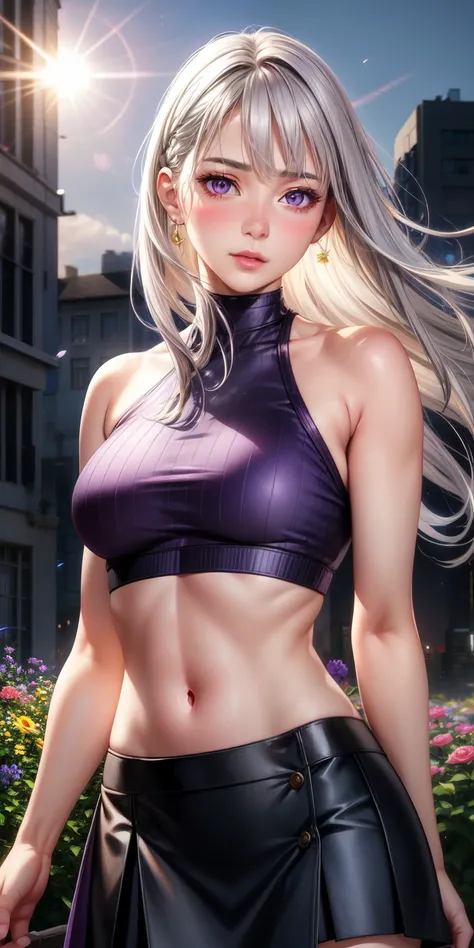 realistic, 1 woman, gray hair, purple eyes, shining eyes, crop top, skirt, chapped lips, blush, night, flowers, sun, sunlight,