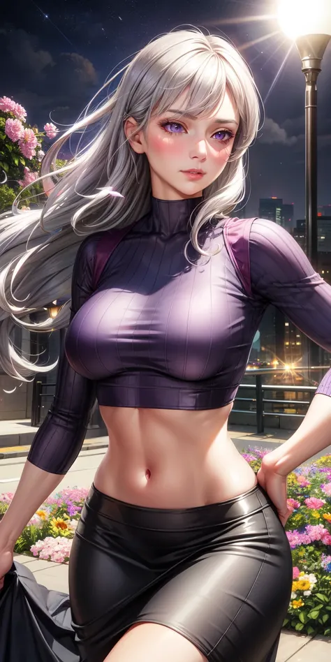 realistic, 1 woman, gray hair, purple eyes, shining eyes, crop top, skirt, chapped lips, blush, night, flowers, sun, sunlight,