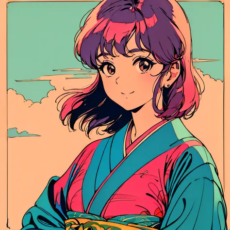 master piece, Kyoto style, Pink Hair, Japanese, fluffy bob cut, wearing kimono, shoulder length, alone, single person, Futuristic, yet, lofi, retro, vintage, light smile