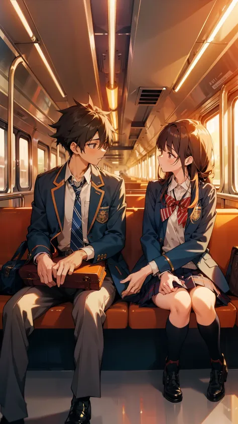 a boy and a girl in school uniforms having a quiet conversation on an empty train, golden hour lighting, warm and intimate, cinematic composition, detailed background scenery, thin outlines, anime style, cool and edgy, fashionable, posing, colorful, confid...