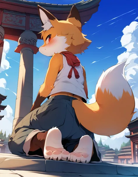 score_9, score_8_up, score_7_up, score_6_up, source_anime, rating_safe, furry female, solo, dagasi_style,, furry, temple, fox girl, sitting, low view, from behind, soles at spectator, showing soles, grinning, paws, 3 toes, barefoot, paws