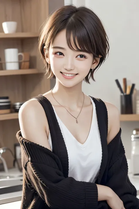 205 ((short hair)), 20-year-old female, In underwear、Put a cardigan over your shoulders、 A refreshing smile、Beautiful teeth alignment、Dark eyeliner、Dark brown hair、ear piercing、Necklace around the neck、Looking at the camera