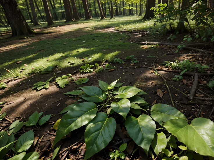 A leaf penetrated by sunlight，The background of the green forest looks spring-like