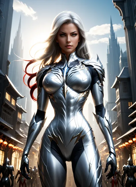 concept art (Digital Artwork:1.3) of (Simple illustration:1.3) a woman in a silver and white costume standing in a city, from lineage 2, wearing witchblade armor, lineage 2 revolution style, unreal engine render saint seiya, of a beautiful female warframe,...