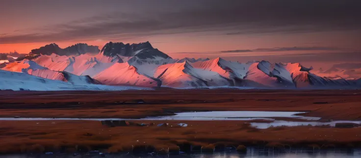 Mountains in the distance，The foreground is a body of water, Iceberg in the background, Distant Mountains, Icelandic hills in the background, desolate arctic landscape, Snow-capped peaks, Mountains in the distance, Silk Road landscape, mountains in the dis...