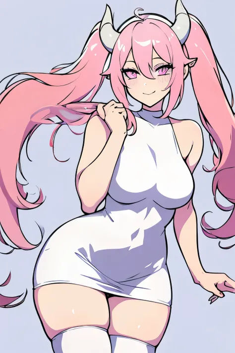 seductive, curvy, angel with long pigtails, white wings, long black horns, halo accessory, pink and white background, pink hair