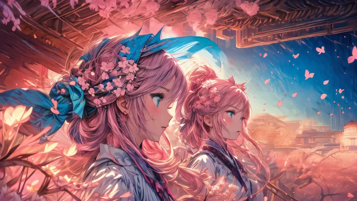 Detailed anime style, Beautiful and stunning artwork, Bright shadows, strong colors, Pastel cotton candy, a beautiful woman, pink hair, blue eyes, Beautiful scenery, Cherry blossom leaves, Linear and detailed illustration