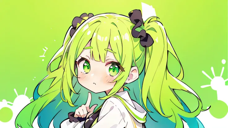 (Very bright:1.1), green background, [1 girl:7], (head tilt:1.2), embarrassed, green hair, green Eyes, one side up, hair scrunchie, oversized clothes, ([sketch|watercolor (Moderate)]:1.15), (Inkblot:1.1), (pale:1.2), vector trace, Gradient Blending, look b...