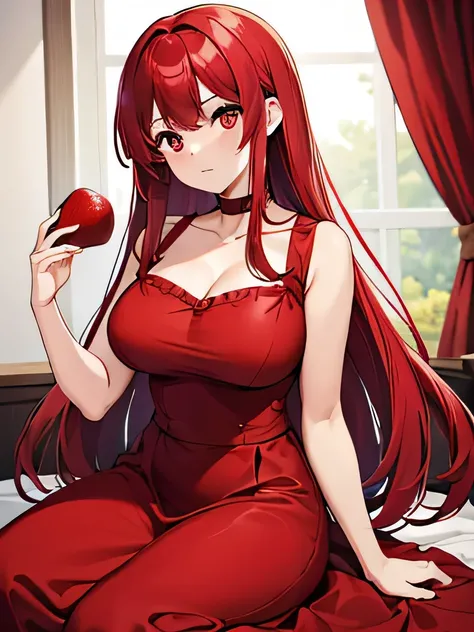 Masterpiece, high quality, one pretty girl. Red eyes, long red hair, wearing red clothes. Red dress, long skirt, eating red fruit. Her shoulders are showing and you can see her beautiful collarbone. Big breasts, nice style. High quality with details.