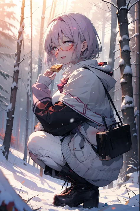 akaneshinjou, shinjou akane, Light purple hair, (Pink Eyes:1.2), short hair,Akagi Glasses,hair band,smile,blush,White Breath,Big Breasts,
Open your mouth,snow,Ground bonfire, Outdoor, boots, snowing, From the side, wood, suitcase, Cape, Blurred, having mea...