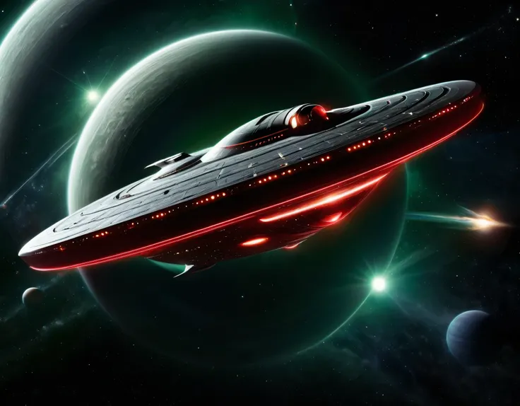 A sleek, futuristic starship soaring through the vastness of space with a background transitioning from dark green to red, dotted with stars. The ship has a large, circular saucer section, elongated body, and nacelles extending outward. Its metallic surfac...