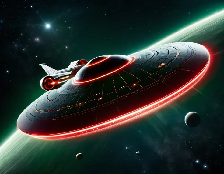 A sleek, futuristic starship soaring through the vastness of space with a background transitioning from dark green to red, dotted with stars. The ship has a large, circular saucer section, elongated body, and nacelles extending outward. Its metallic surfac...