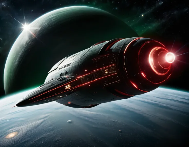 A sleek, futuristic starship soaring through the vastness of space with a background transitioning from dark green to red, dotted with stars. The ship has a large, circular saucer section, elongated body, and nacelles extending outward. Its metallic surfac...