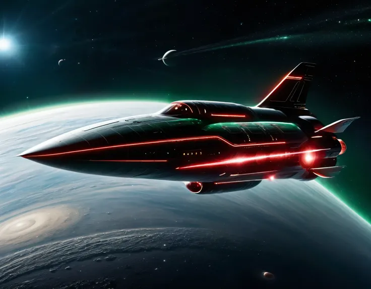 A sleek, futuristic starship soaring through the vastness of space with a background transitioning from dark green to red, dotted with stars. The ship has a large, circular saucer section, elongated body, and nacelles extending outward. Its metallic surfac...