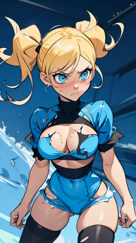 Bubbles from Powerpuff Girls as a Violent Mature Themed Action Anime, blonde pigtails:1.4, ecchi battle damage and wear, Damaged and Ripped clothes, large bouncy breasts:1.2, blue and black clothes, nsfw rips in clothes