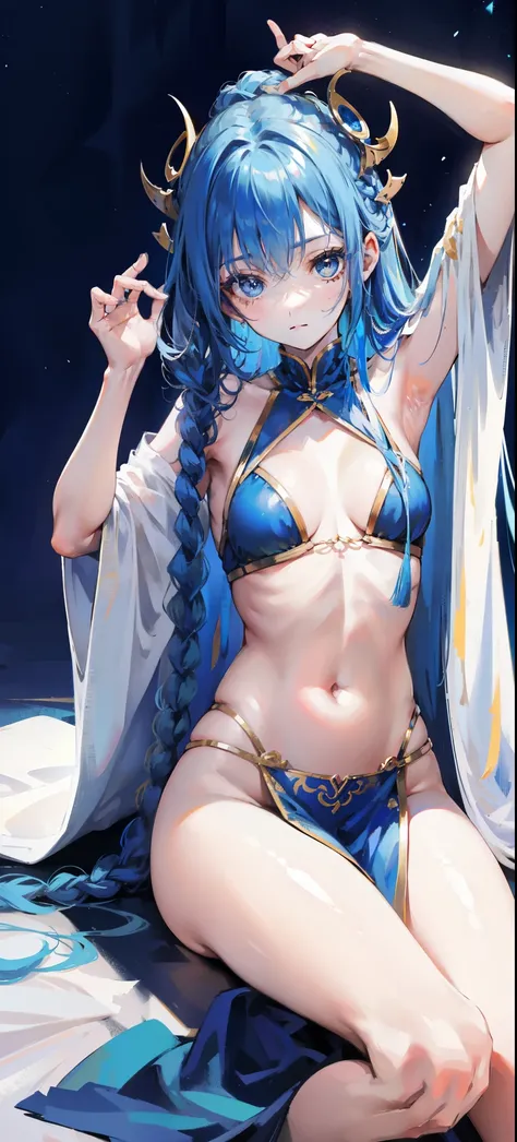 Blue long hair，Scorpion-tailed braids，Put on the clothes of the little dance of Douluo Continent，Is a beautiful and sweet girl Koser，（whole body）