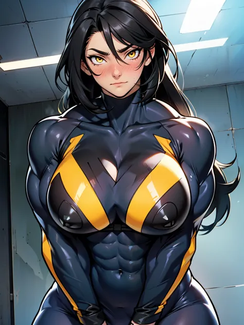 ((girl muscular thick)) pale skin black hair ultra detailed eyes huge large breasts toned body embarrassed blush very long hair skintight suit yellow eyes hair flaps cleavage