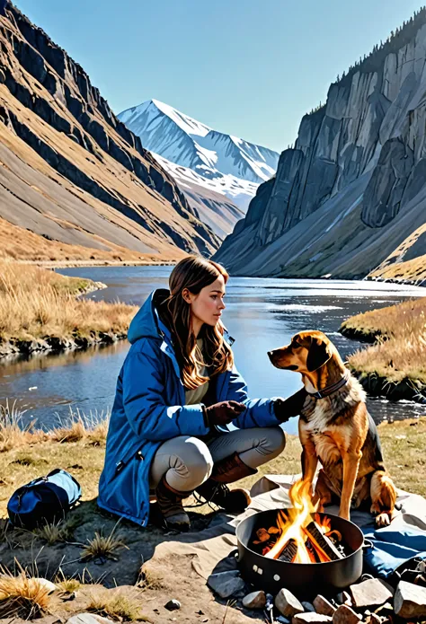 Outdoor Camping, 1girl, solo, long hair, brown hair, long sleeves, holding, fingerless gloves, sitting, jacket, outdoors jacket, coat, animal, a dog, tent, campfire, beside river, mountain, blue sky, day, realistic,